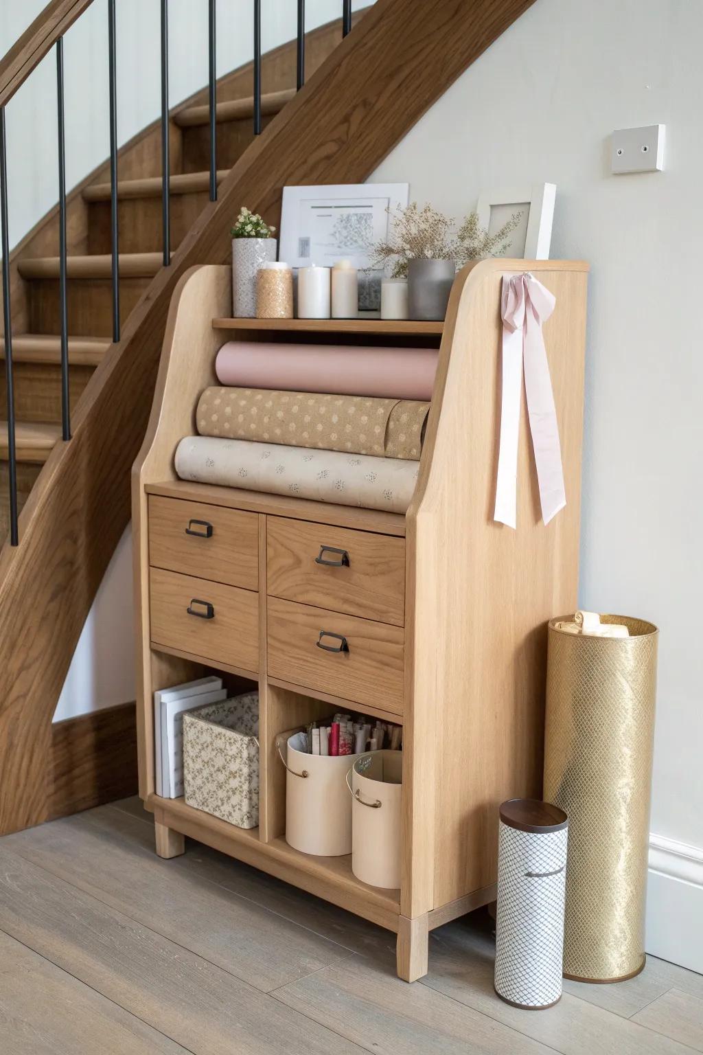 Under curved stairs: a minimalist oak wrapping station with paper rods and slim drawers for tags.
