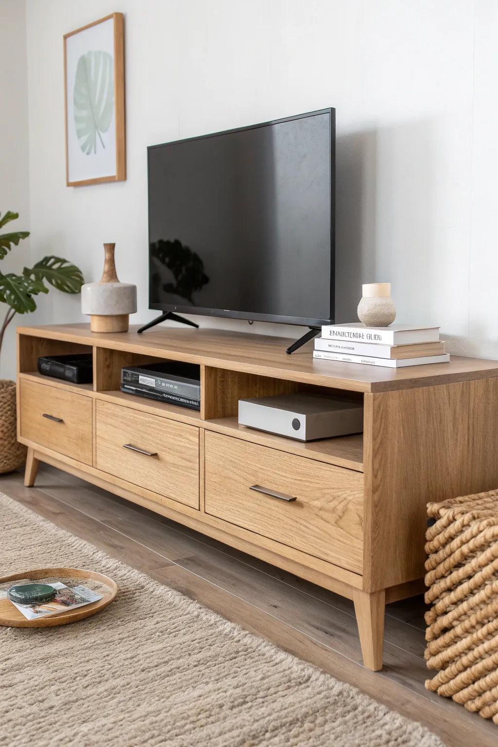 Mixed drawers + open bays: hide the clutter, display your favorites in calm oak style.