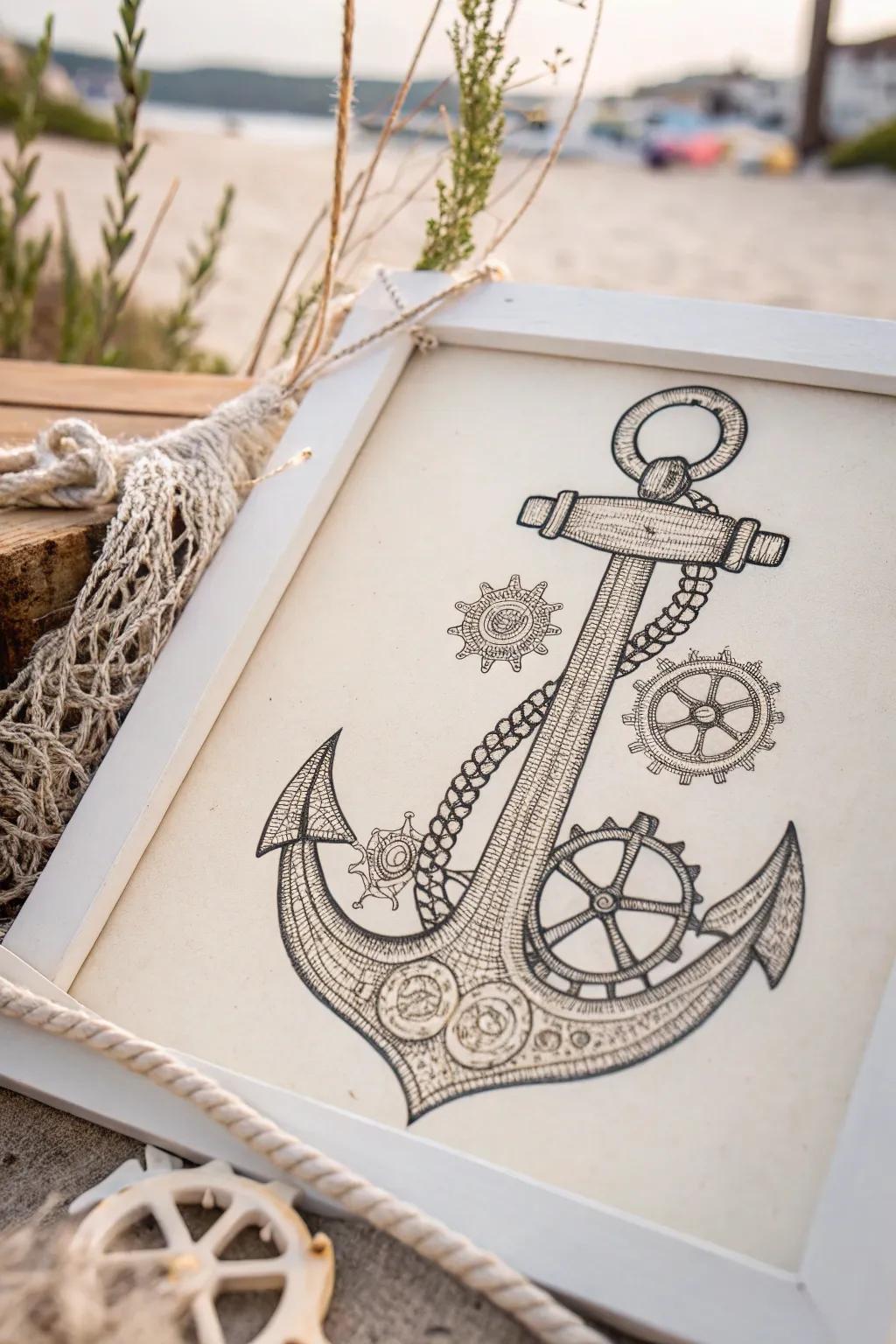 Discover the charm of steampunk with this intricately detailed anchor design, where industrial elegance meets minimalist beauty.