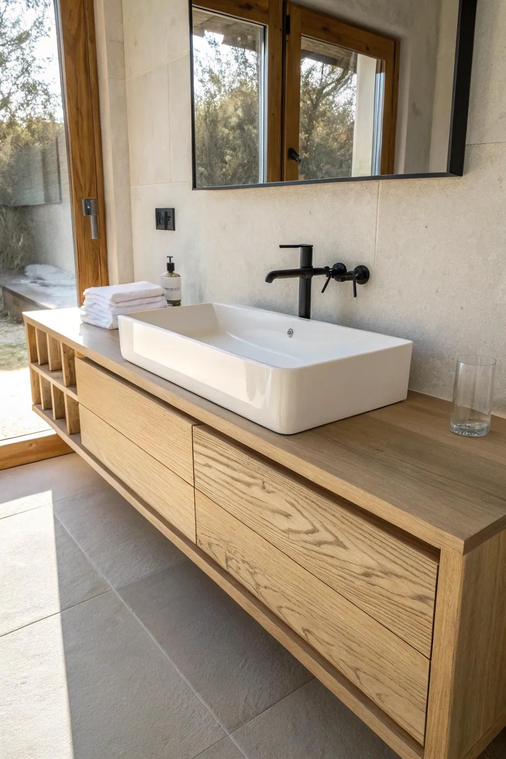 A sleek trough-style sink shelf that turns a long oak countertop into the statement piece.