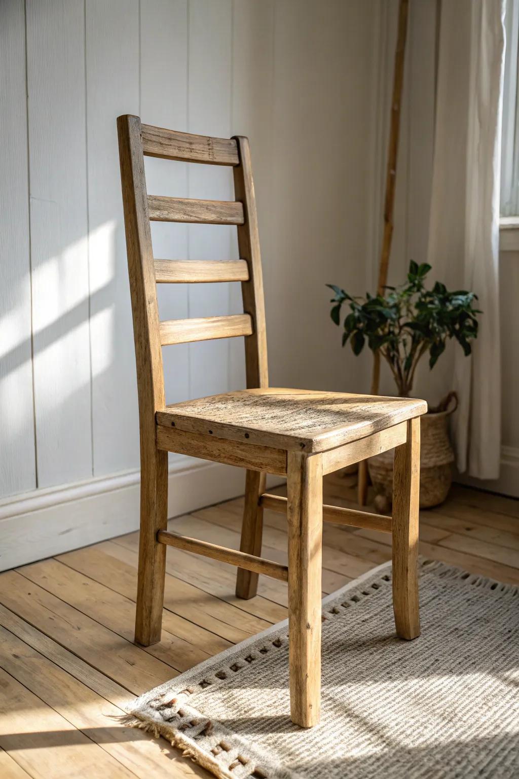 Thrifted chair, rebuilt with ladder rungs—rustic character, clean lines, and rock-solid joints.