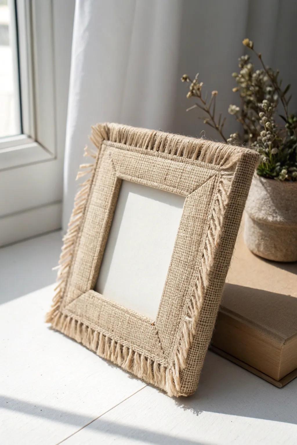 Soft linen-wrapped frame adds cozy texture—an easy DIY upgrade for any photo wall.