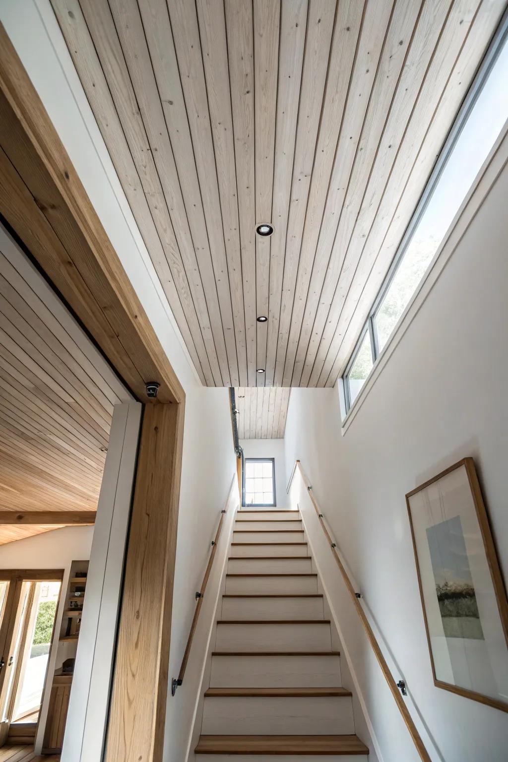 Planked tongue-and-groove ceiling adds cozy craftsmanship and visually stretches a narrow upstairs hall.