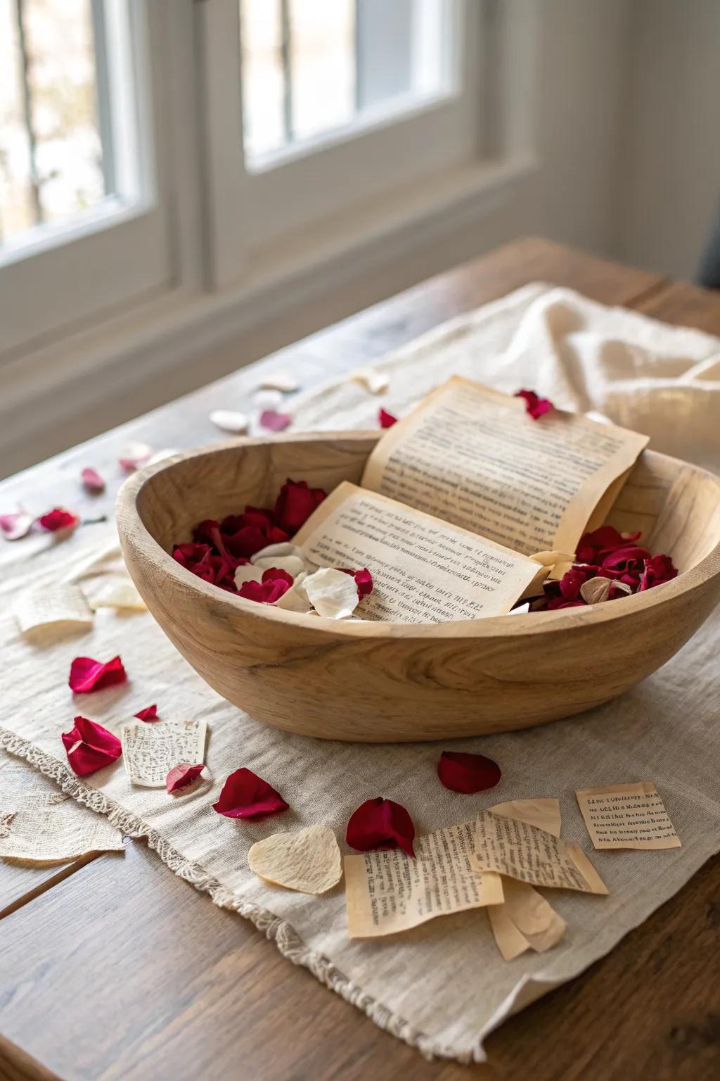 Vintage book pages + rose petals in a wooden dough bowl for a soft, romantic Valentine look.
