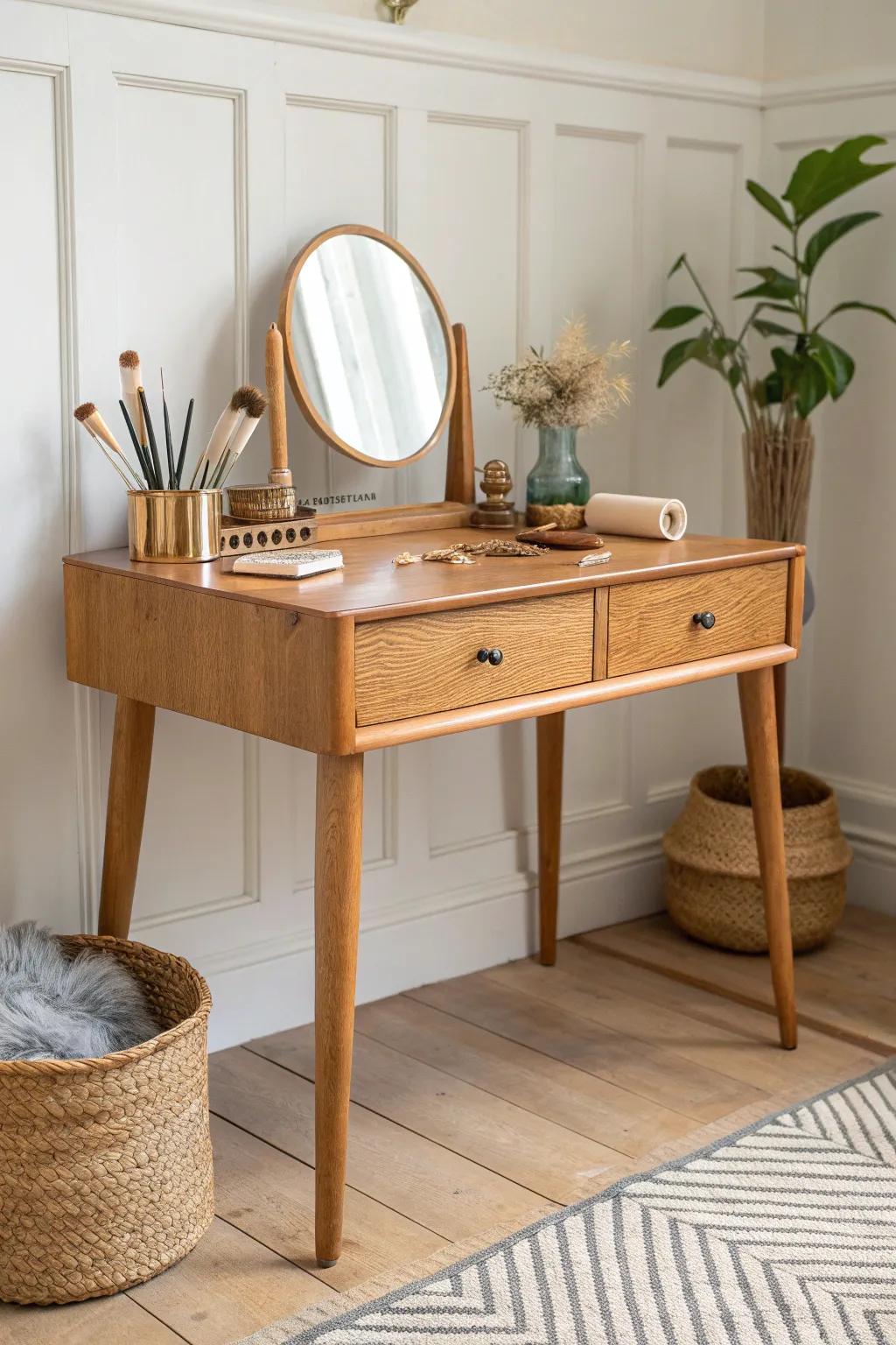 Upcycle an old sewing table into a bright, minimalist vanity desk with charming drawer storage.
