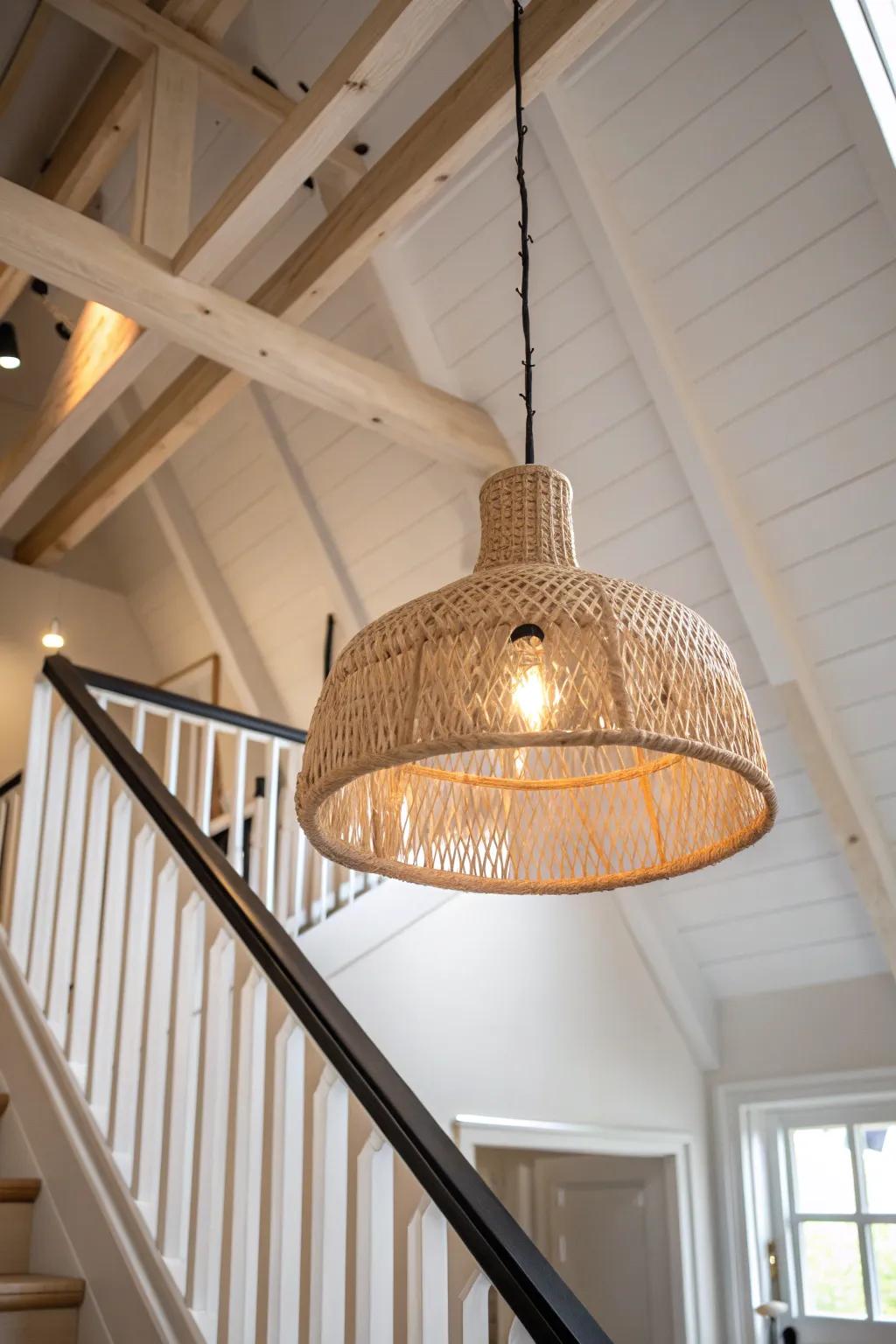 A sculptural pendant hung below the vaulted apex instantly grounds a lofty space.