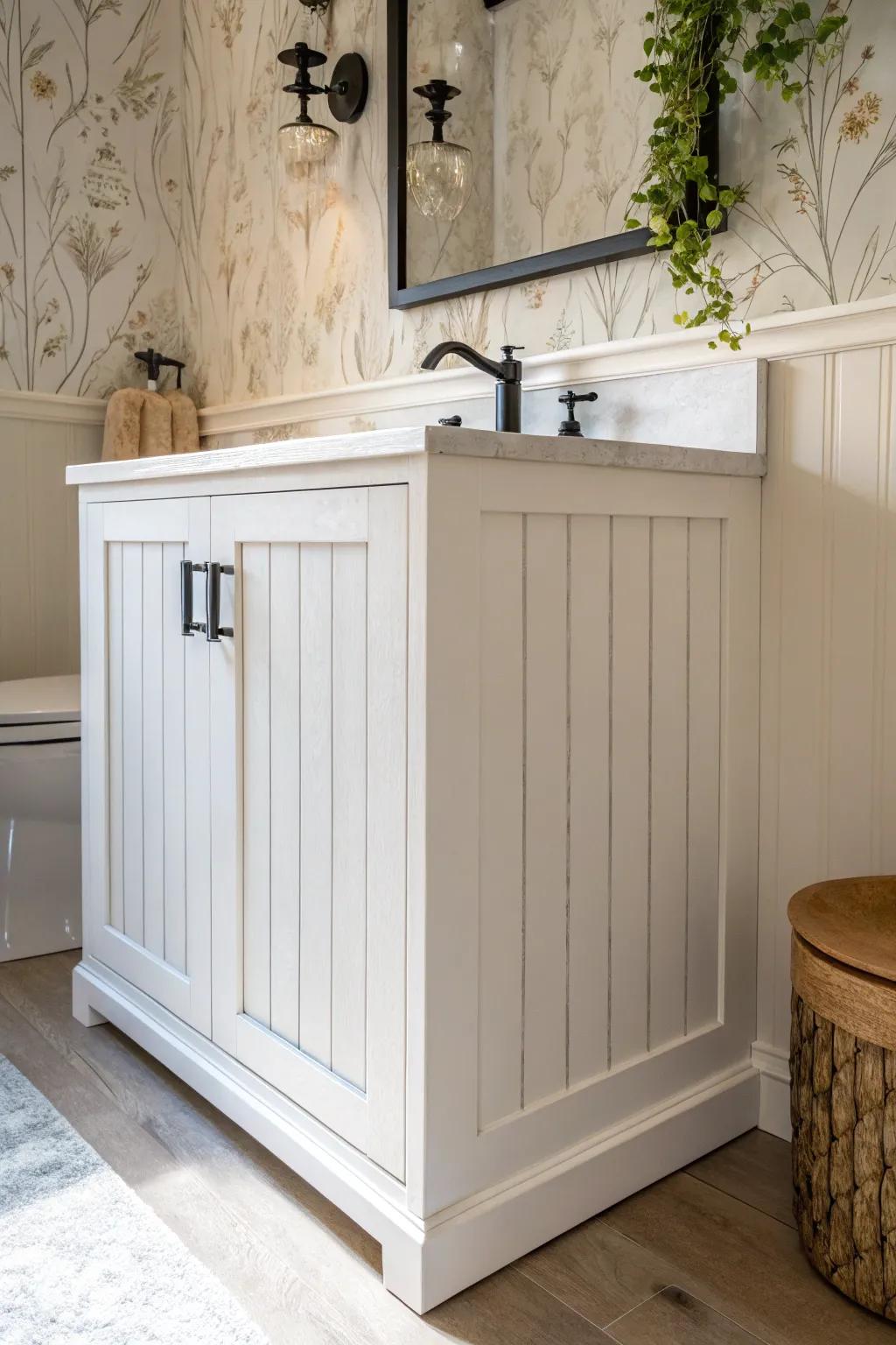 Vertical shiplap below, soft wallpaper above—an airy layered look with calm Nordic charm.