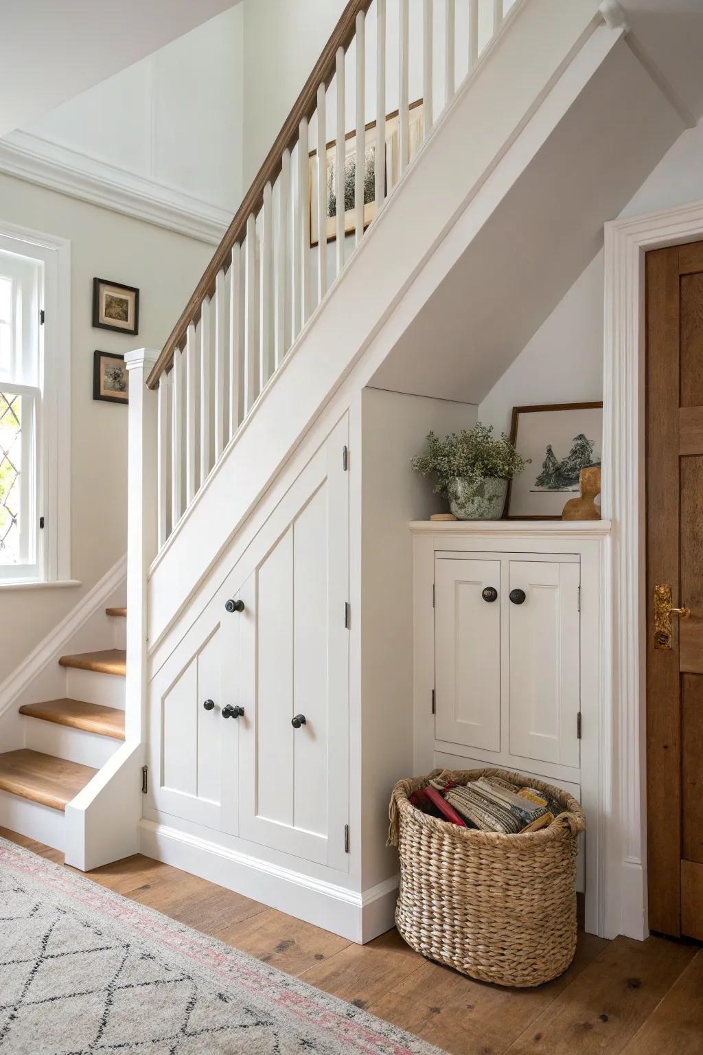 Victorian entryway upgrade: seamless under-stairs shaker cabinets for hidden, built-in storage.