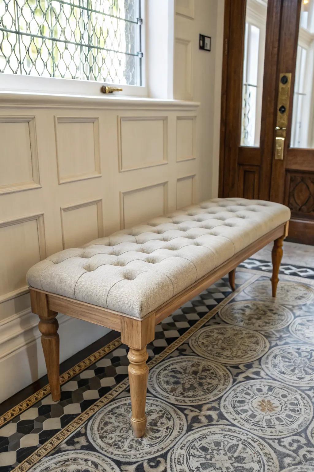 Tufted bench with hidden storage—Victorian charm in a light, airy Scandinavian foyer.