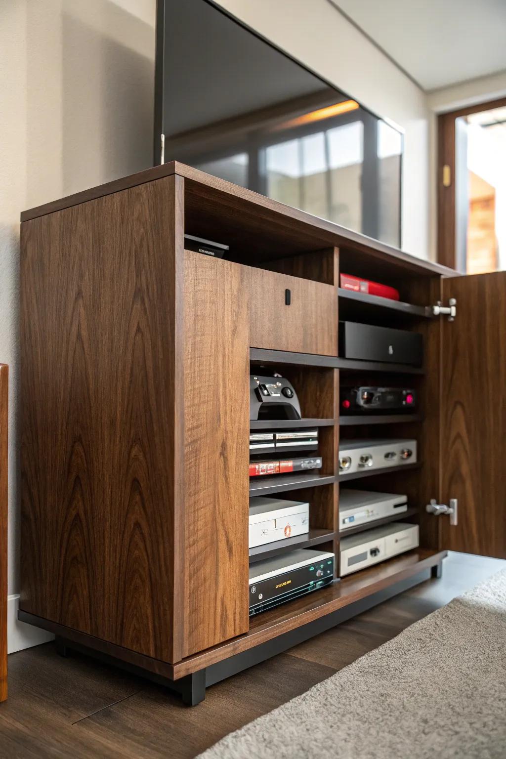 Hide in Style: Elevate your living room with a sleek, handcrafted cabinet that keeps your consoles out of sight.