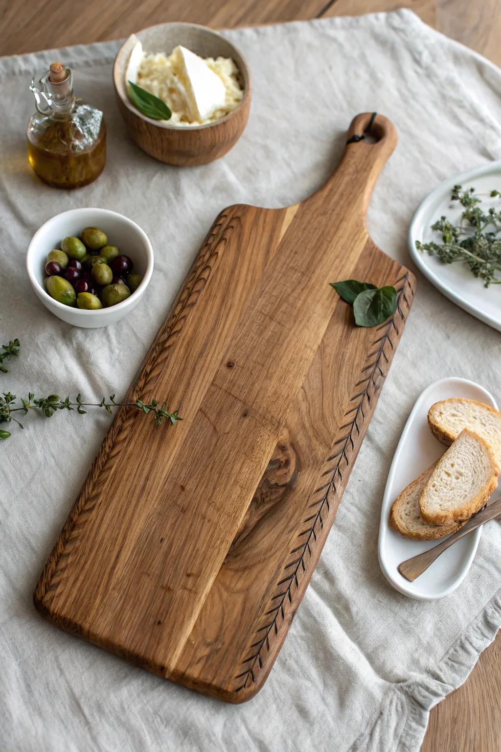 Oversized rune-burned oak serving board—simple, bold grain for a modern Viking feast.