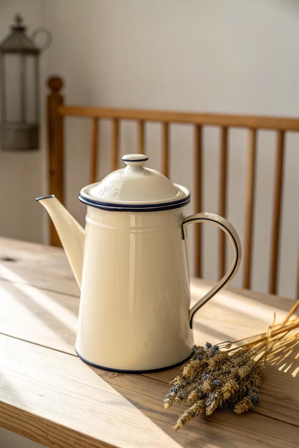 Chipped enamel coffee pot in warm light—minimal, cozy vintage café charm for your kitchen.