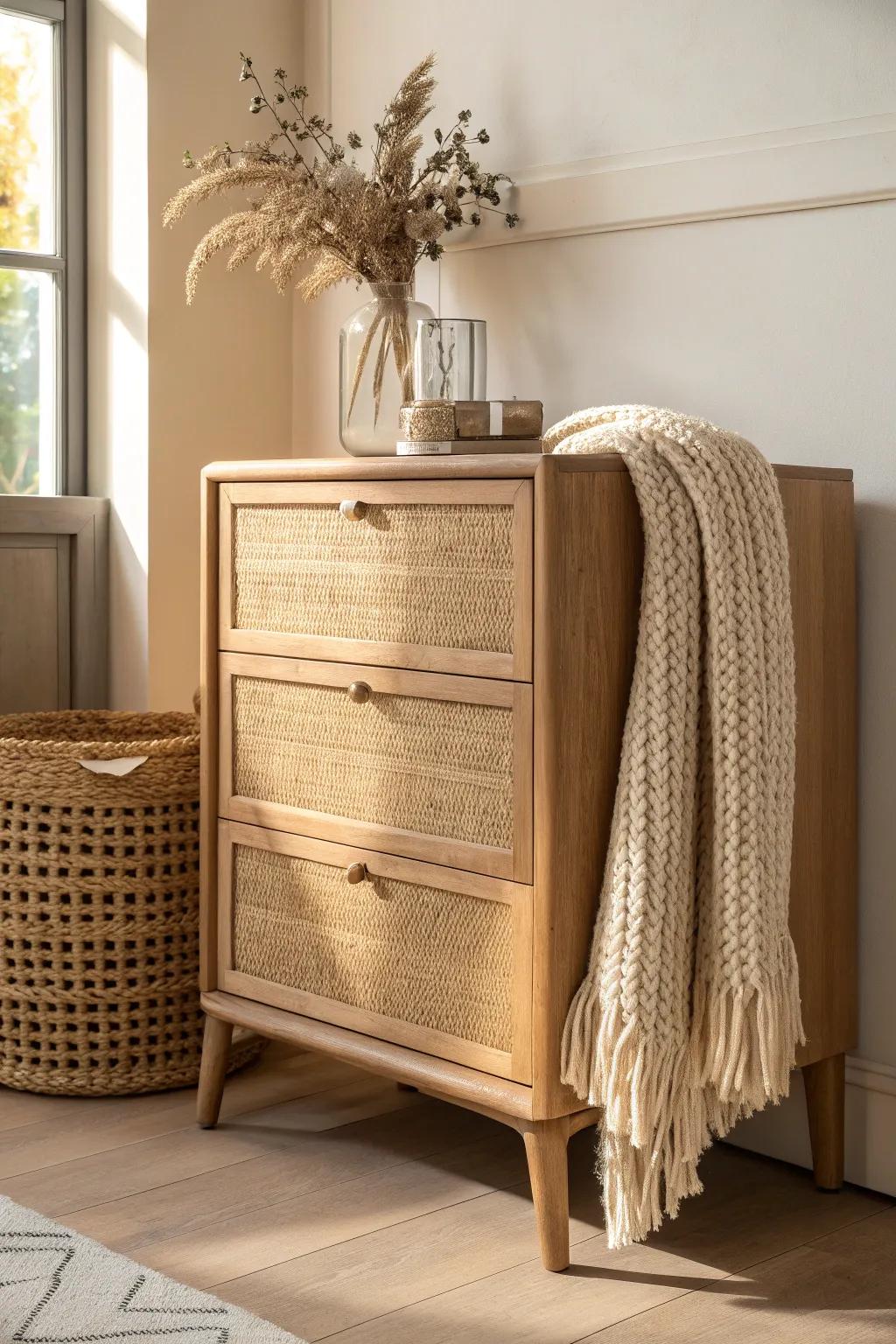 Woven cane meets smooth oak—an easy vintage-eclectic contrast that instantly warms the bedroom.
