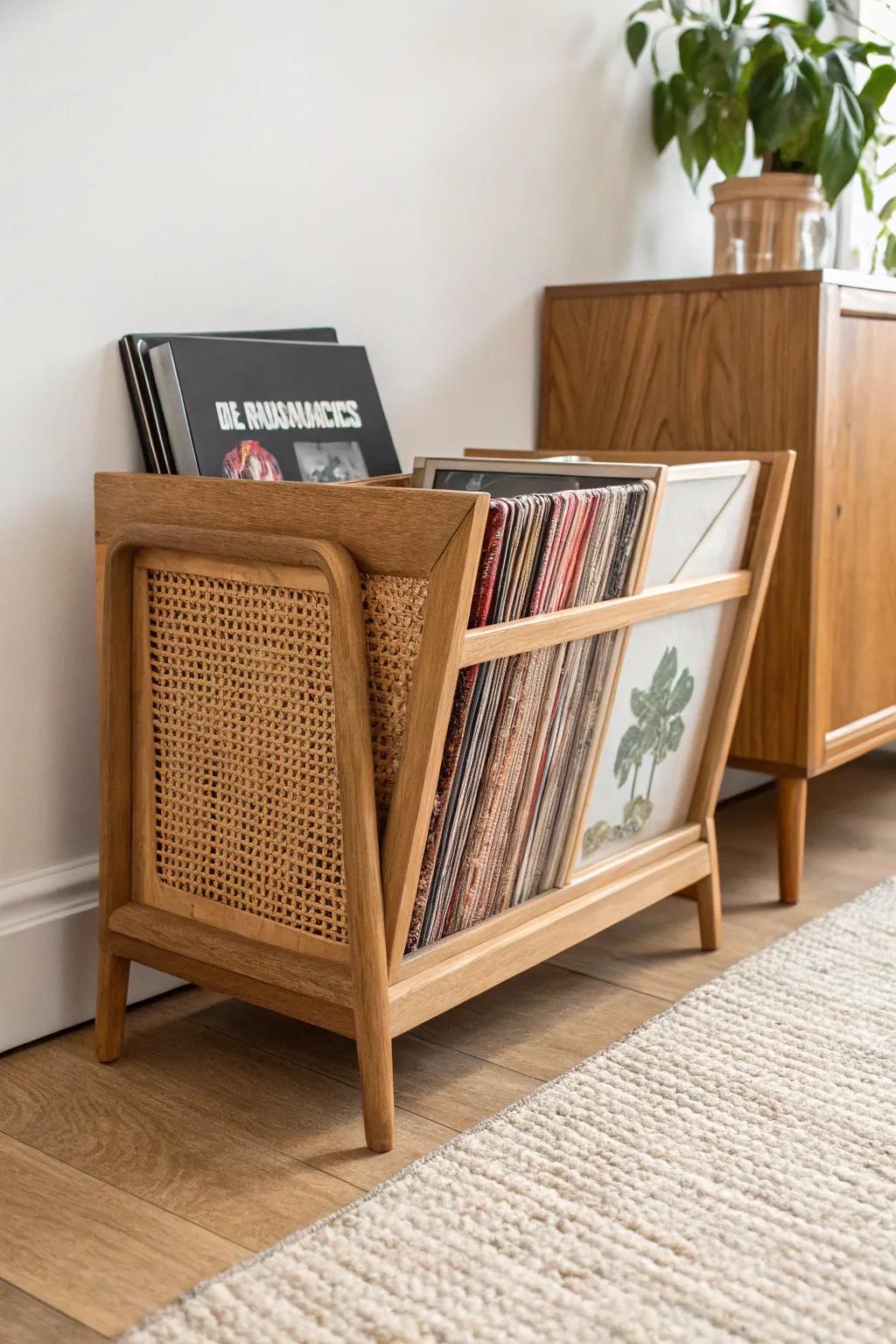 Vintage magazine rack turned vinyl holder—warm wood, woven detail, and album covers as decor.