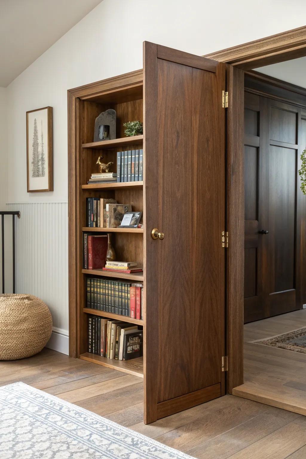 A dark-walnut hidden bookshelf door with a simple brass latch—pure speakeasy drama.