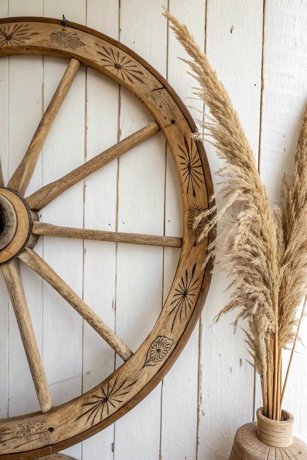 Wood-burned leaf and geometric spoke patterns give wagon wheel art a warm, handmade finish.