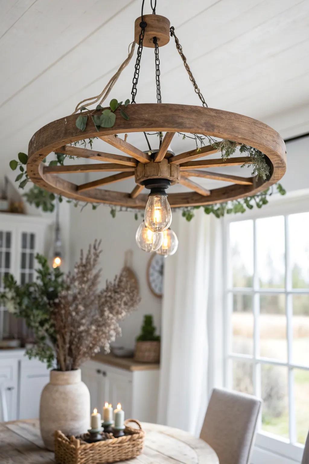 Eucalyptus-wrapped wagon wheel chandelier for a soft, romantic glow over the dining table.
