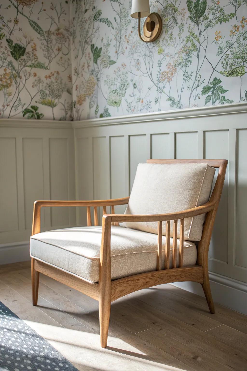 Soft wallpaper above crisp wainscoting brings small living room charm while staying calm.