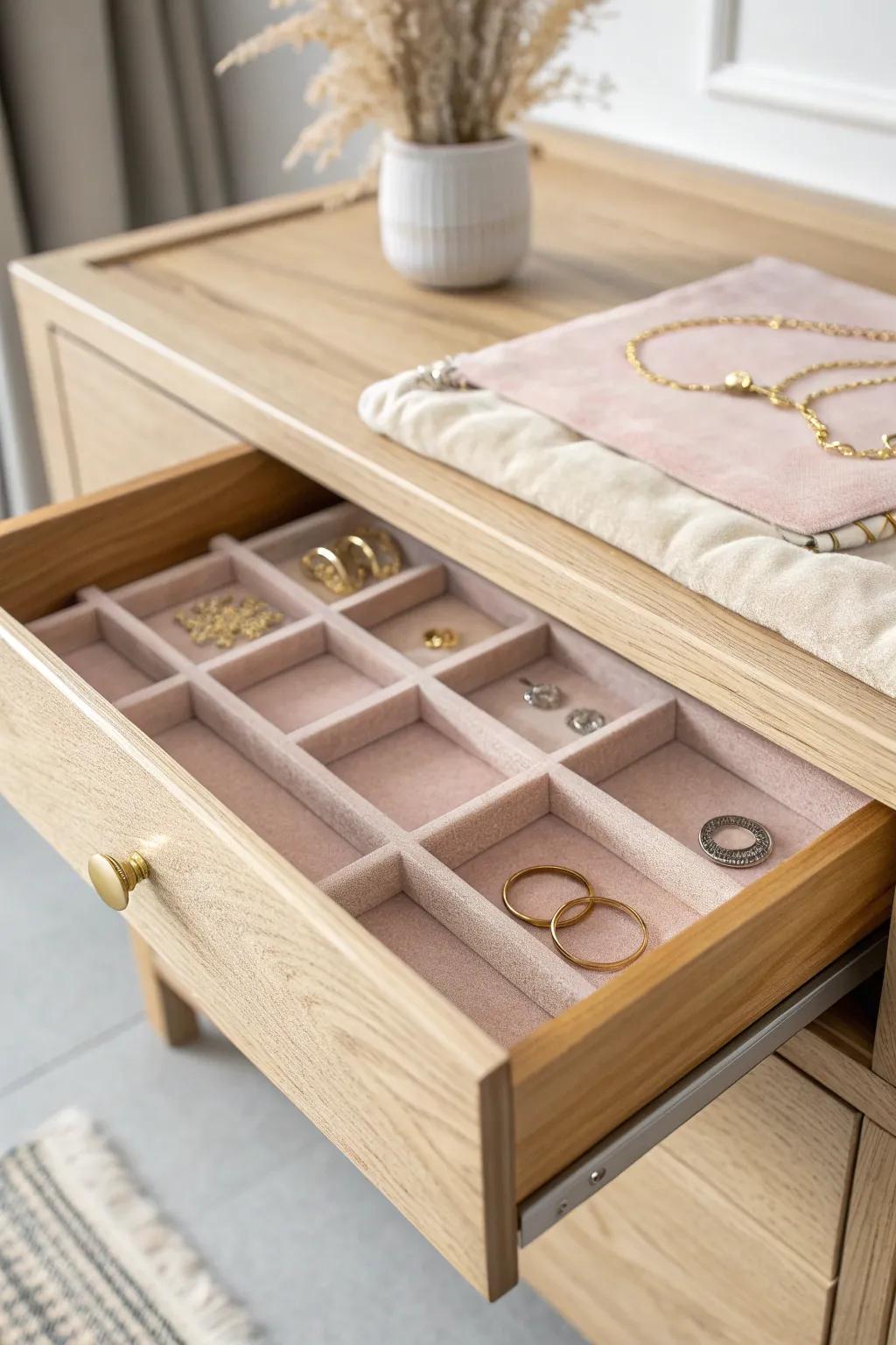 Pull-out felt-lined jewelry tray keeps your top drawer tidy, elegant, and tangle-free.