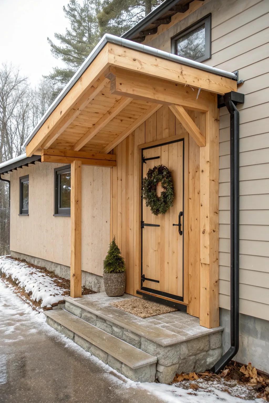 A simple cedar awning turns a basement door into a dry, welcoming entry—rain, snow, and leaves handled.