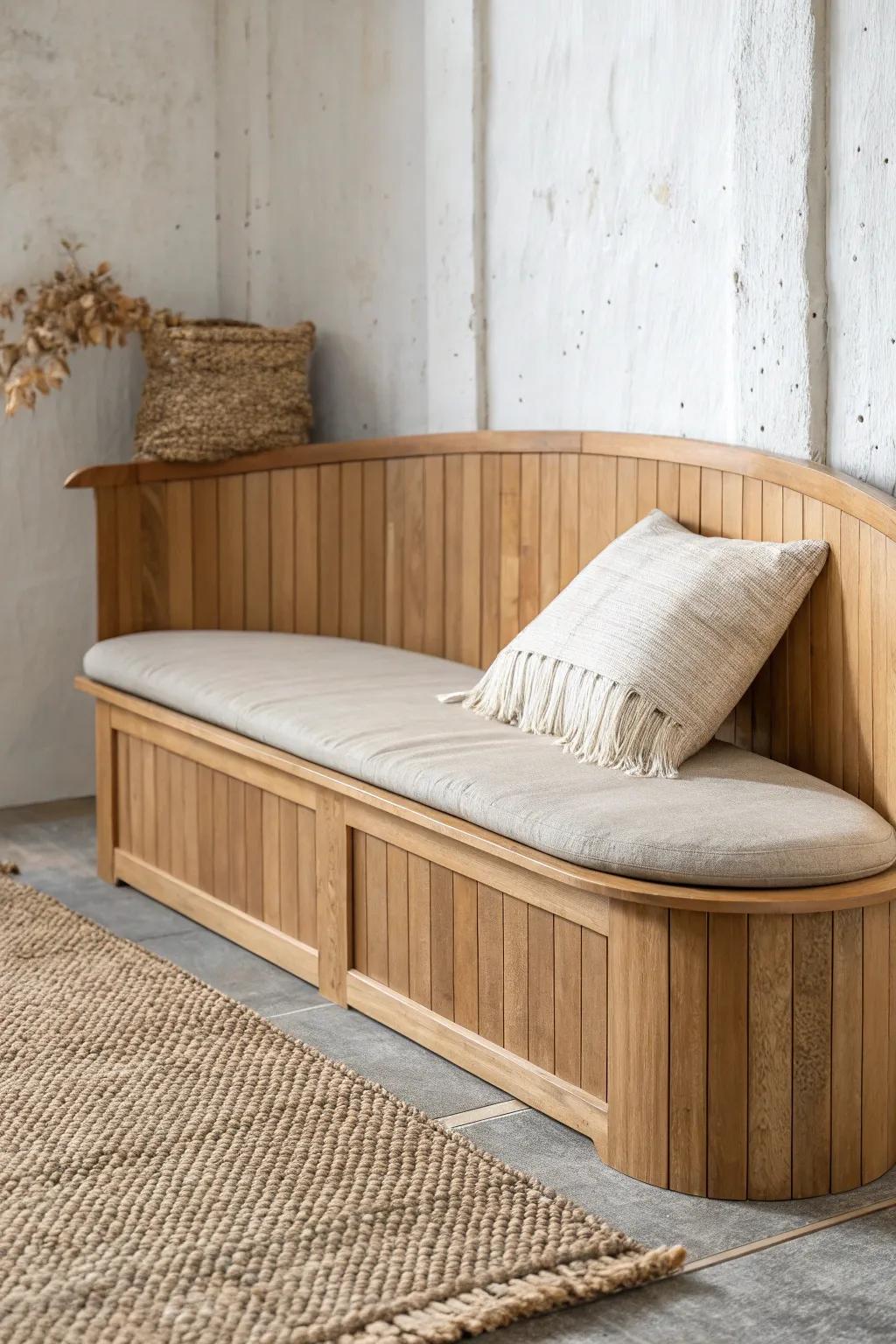 A curved oak wall bench that softens hard lines—minimal, cozy, and conversation-ready.