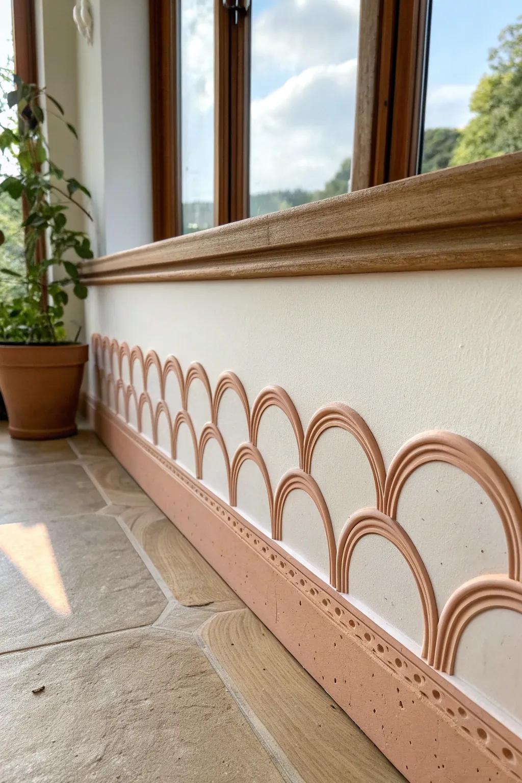 Soft arched wall trim in muted terracotta—playful scallops with clean Scandinavian calm.