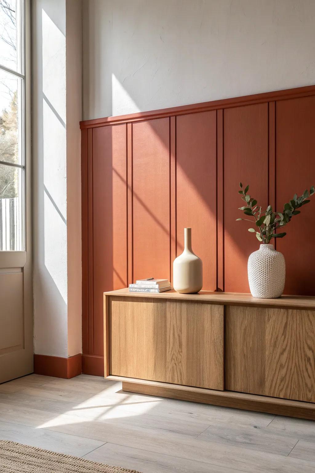 Two-tone laminate + paint blocks: warm oak below, bold color above for cozy modern contrast.