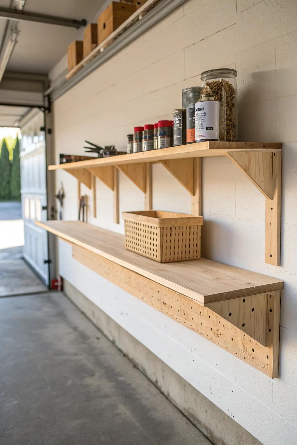A clean birch wall-shelf run above the workbench keeps parts close and the surface clear.
