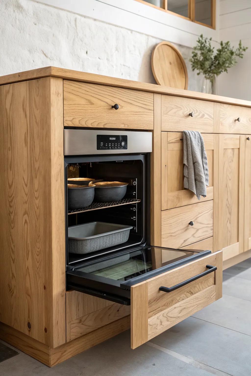 Deep drawer below a wall oven: beautiful oak storage for heavy pans right where you need it.