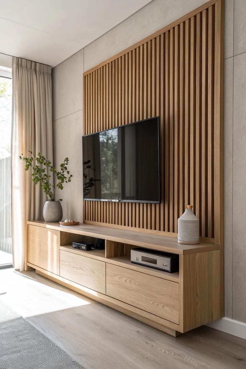 A pretty slatted wood panel that hides TV cords while adding airy, handcrafted texture.