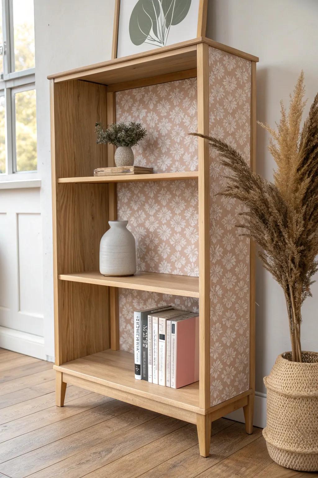 Removable wallpapered insert for a bookshelf—easy seasonal swaps with a stunning before & after.