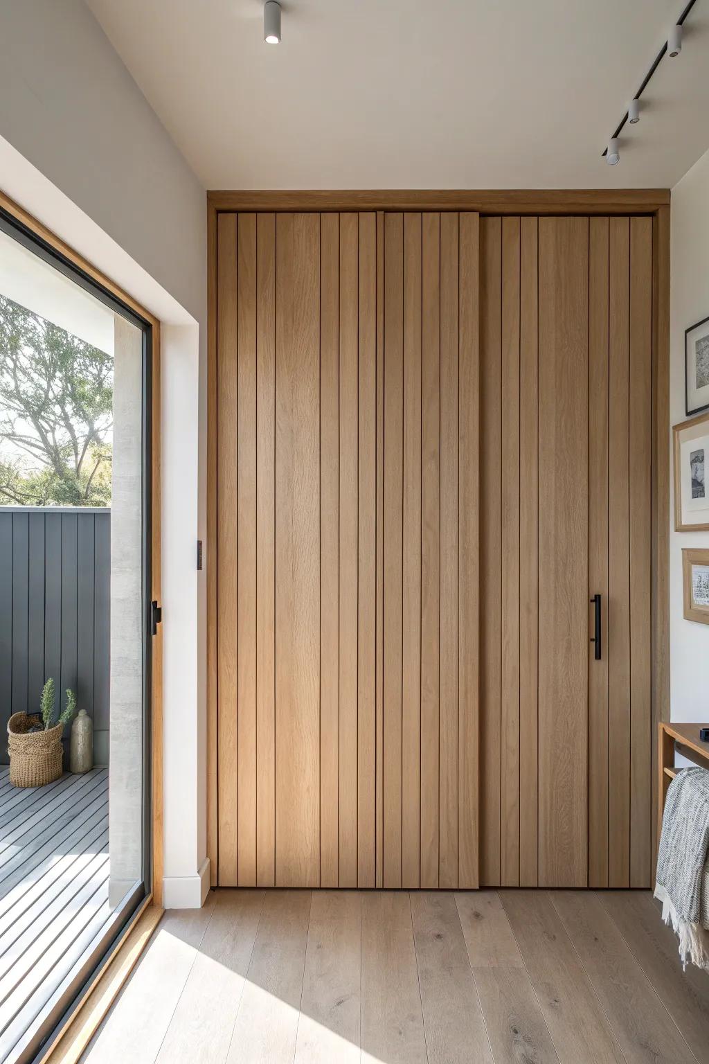 A hidden wardrobe door that disappears into matching oak wall paneling—clean, calm, crafted.