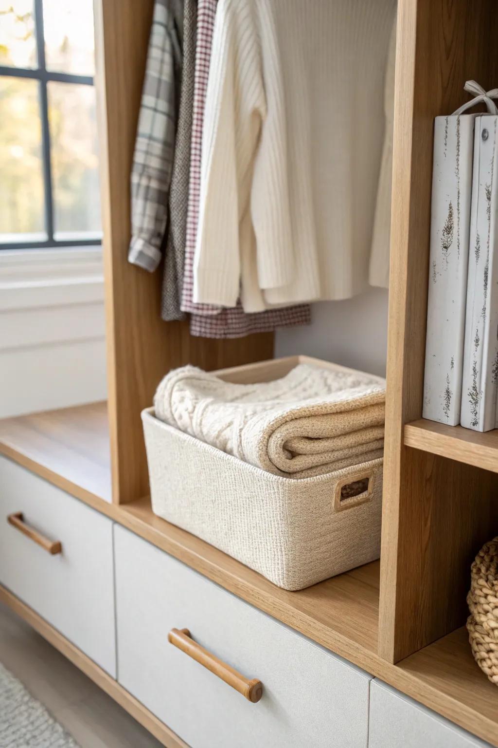 Soft linen bins in oak cubbies keep sweaters stacked, snag-free, and beautifully calm.