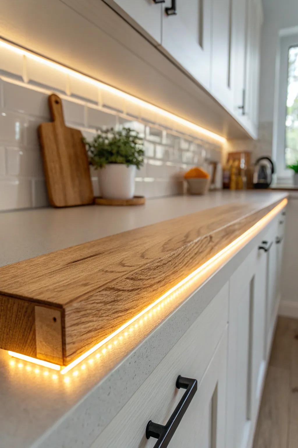 Warm under-cabinet glow on oak craftsmanship—cozy, layered lighting for a soft white kitchen.