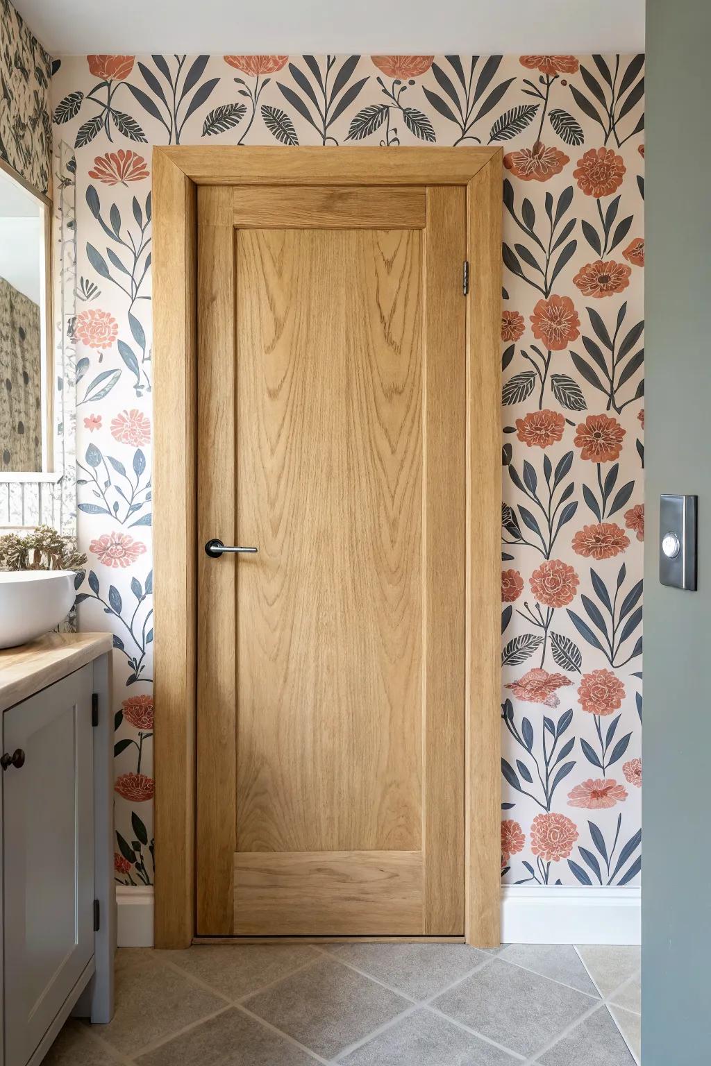 Make your water closet door a designer moment—bold wallpaper, clean edges, and warm wood.