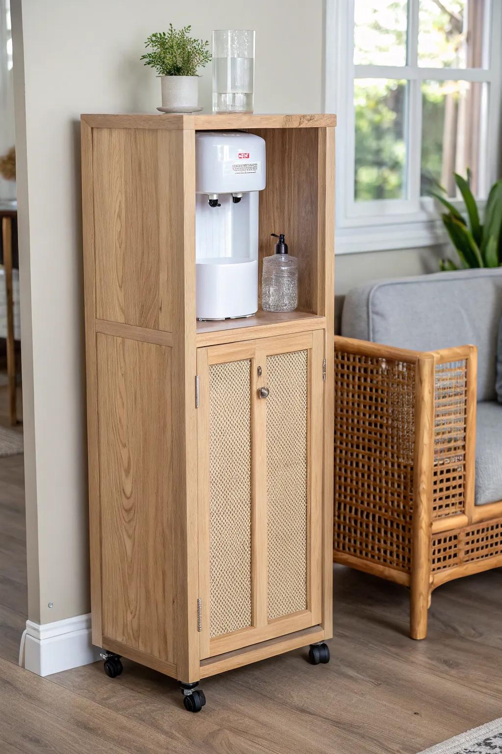 A minimalist rolling oak cabinet on locking casters—stylish, stable, and rental-friendly.
