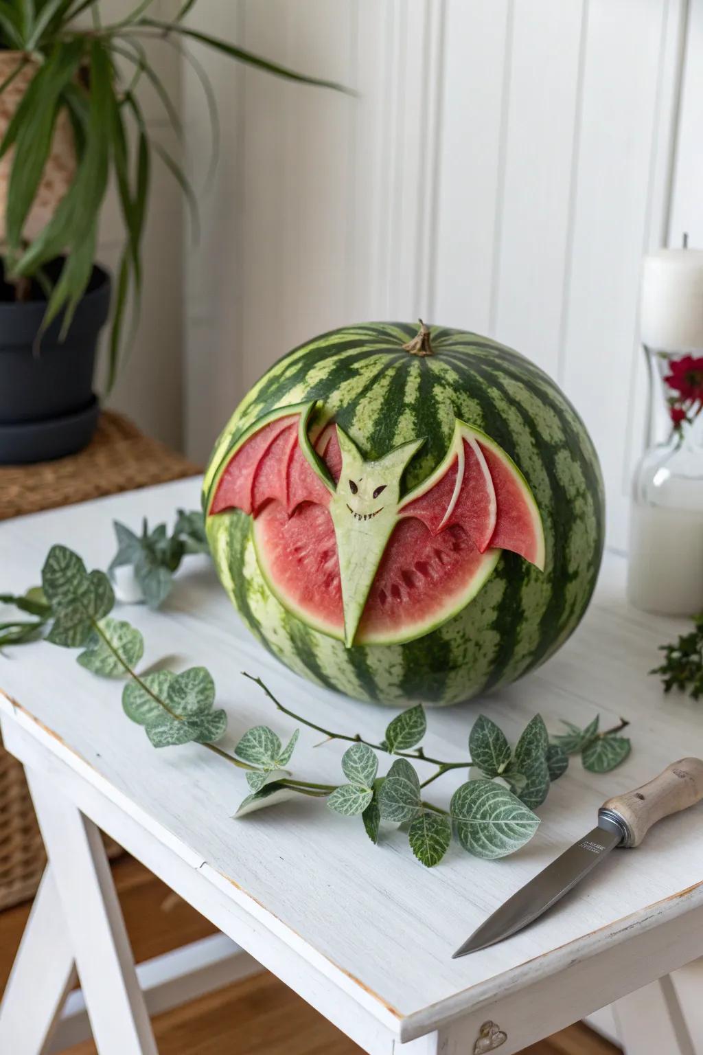 Elevate your Halloween decor with a charming watermelon bat—where simplicity meets spooky elegance.