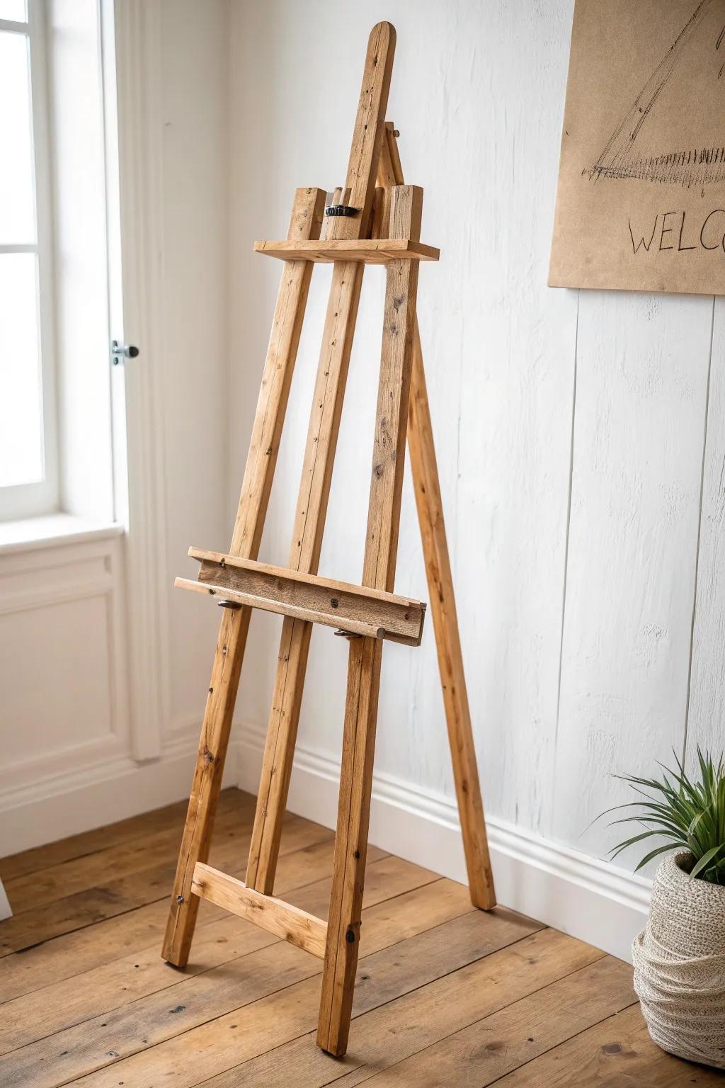DIY pallet-wood wedding easel: farmhouse charm, sanded smooth and sturdy for any sign.