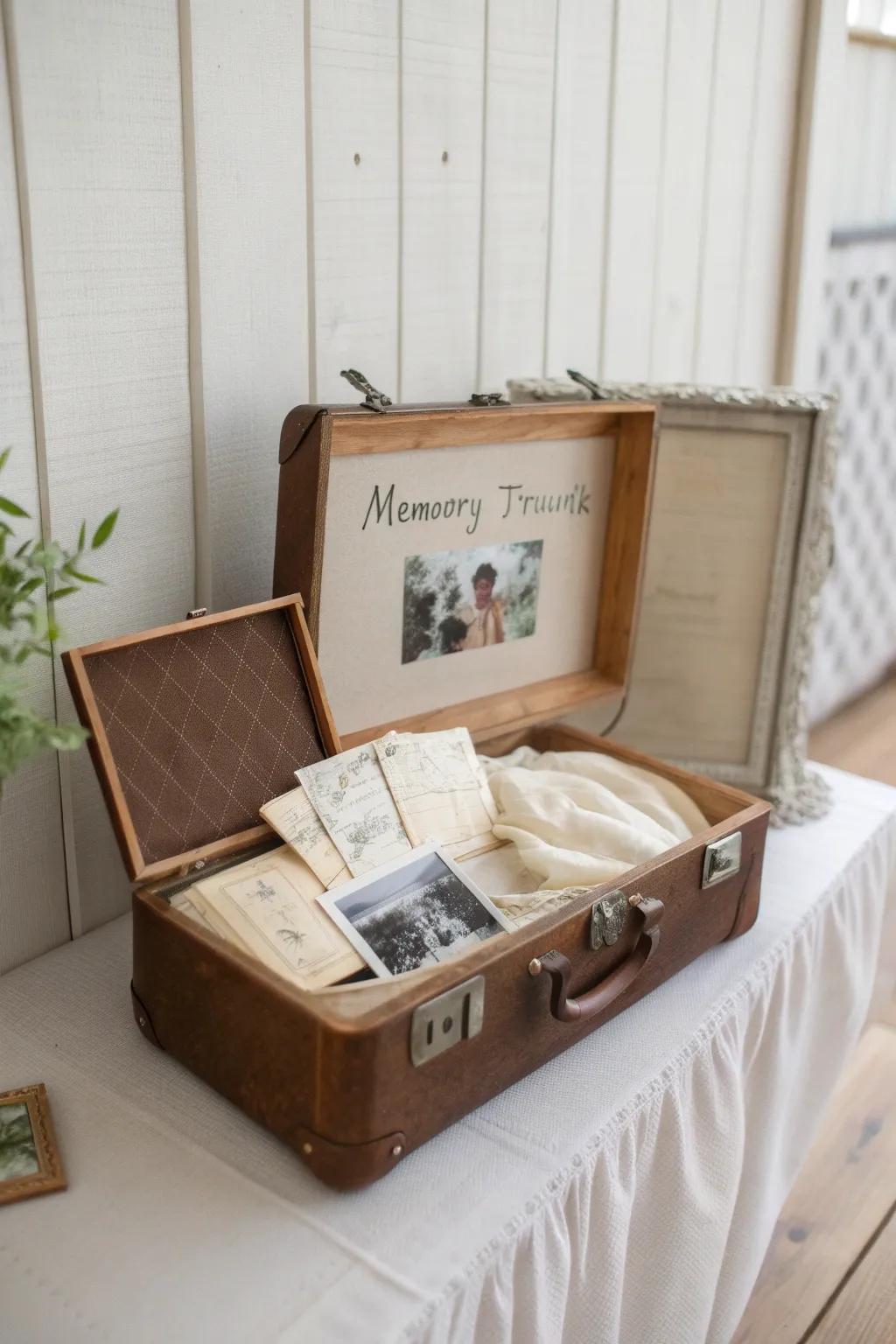 Open suitcase “memory trunk” display—letters and snapshots styled simply on pale oak.