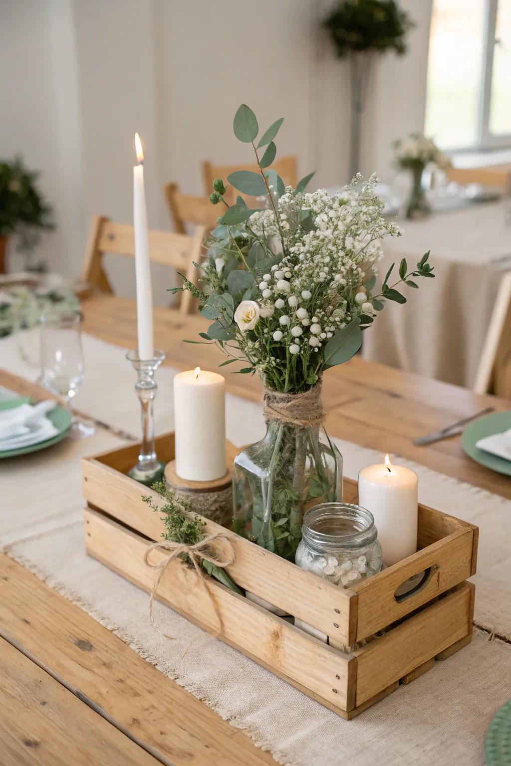 A low wooden crate centerpiece—reusable, cozy, and styled with jars, candles, and greenery.