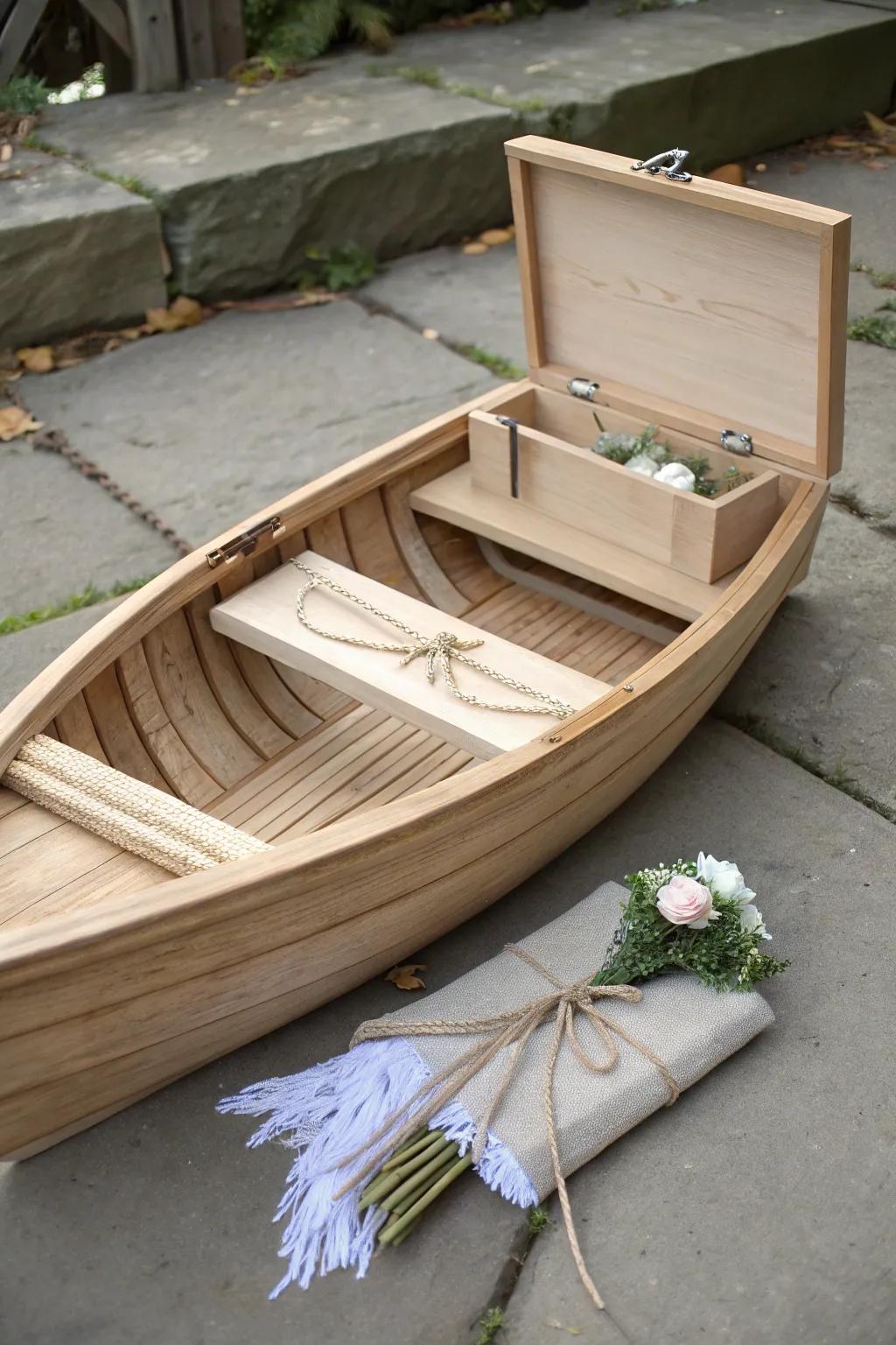 Tiny wooden rowboat wishing well—minimal, coastal, and crafted for heartfelt wedding cards.