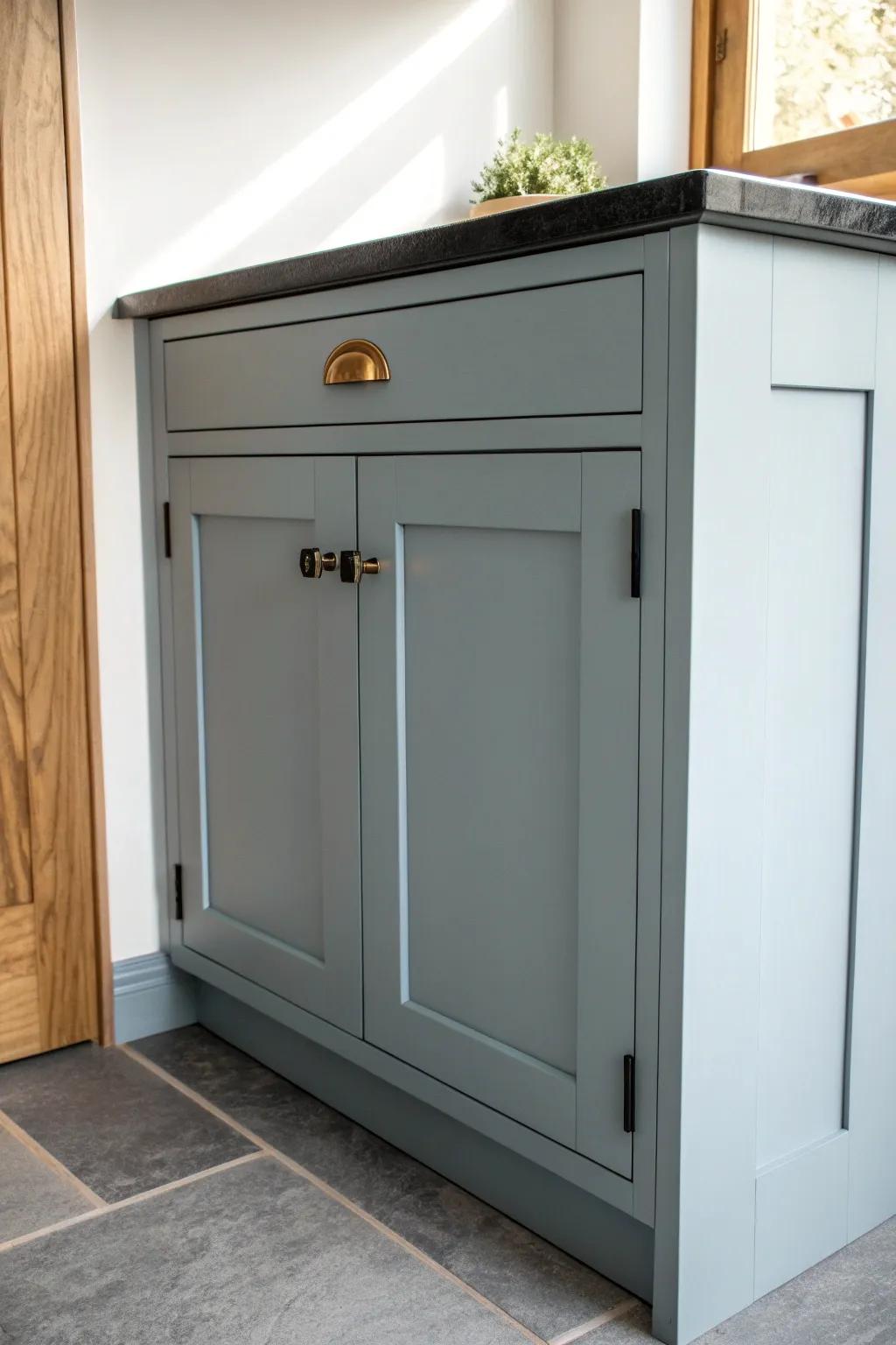 Dusty blue-gray cabinets paired with black granite—airy, modern, and effortlessly refined.