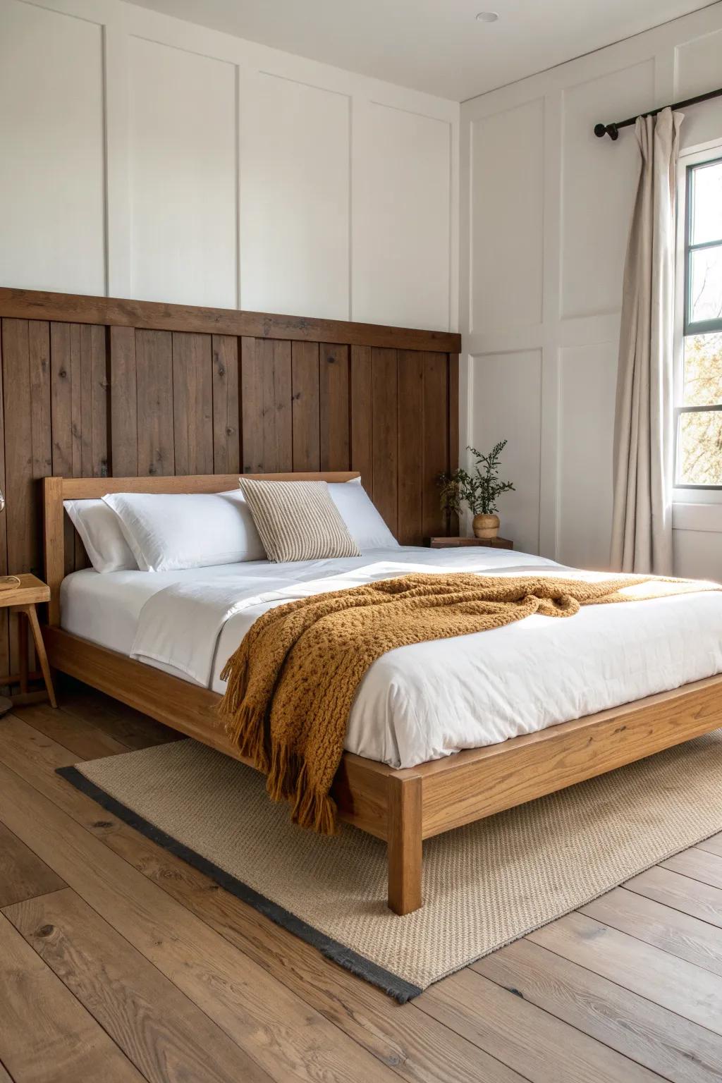 Two-tone wall: warm brown wood planks below, crisp white above—bright, cozy, architectural.