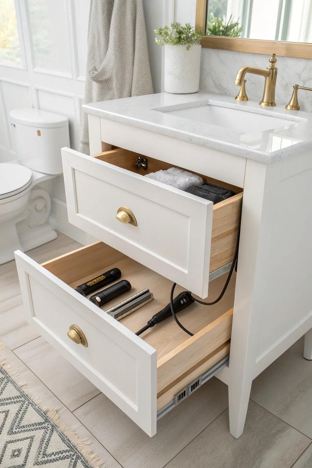 A sleek white vanity drawer with hidden, heat-safe tool storage for cords-free mornings.