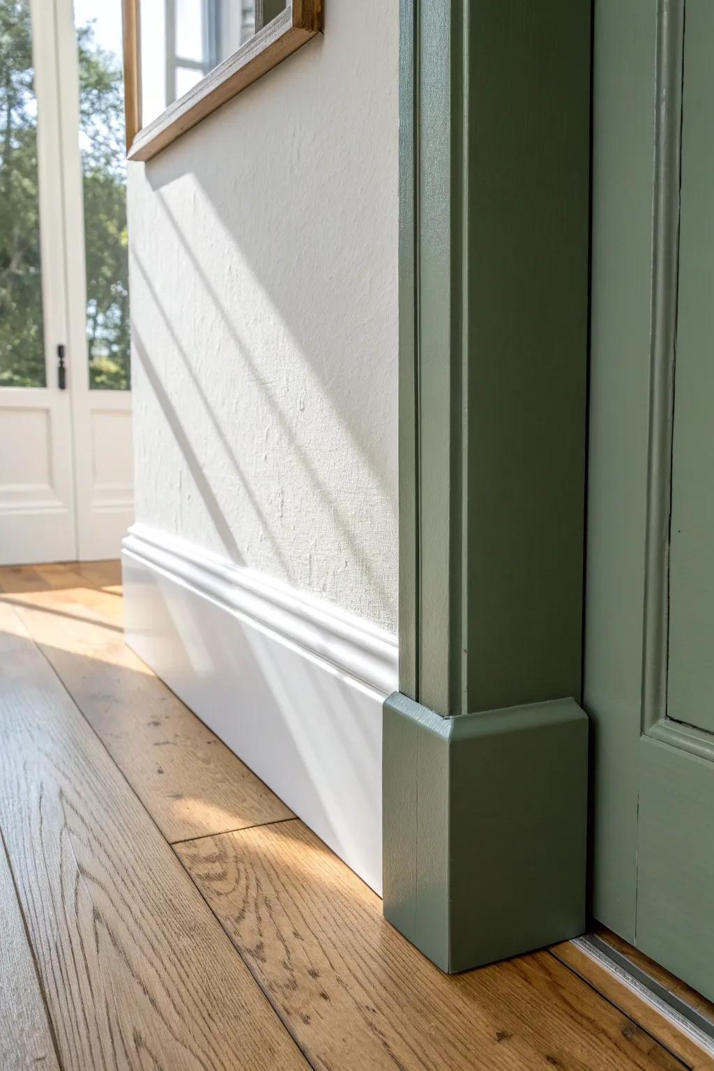 Deep baseboards, lighter door casings—on white walls for a grounded yet airy custom look.