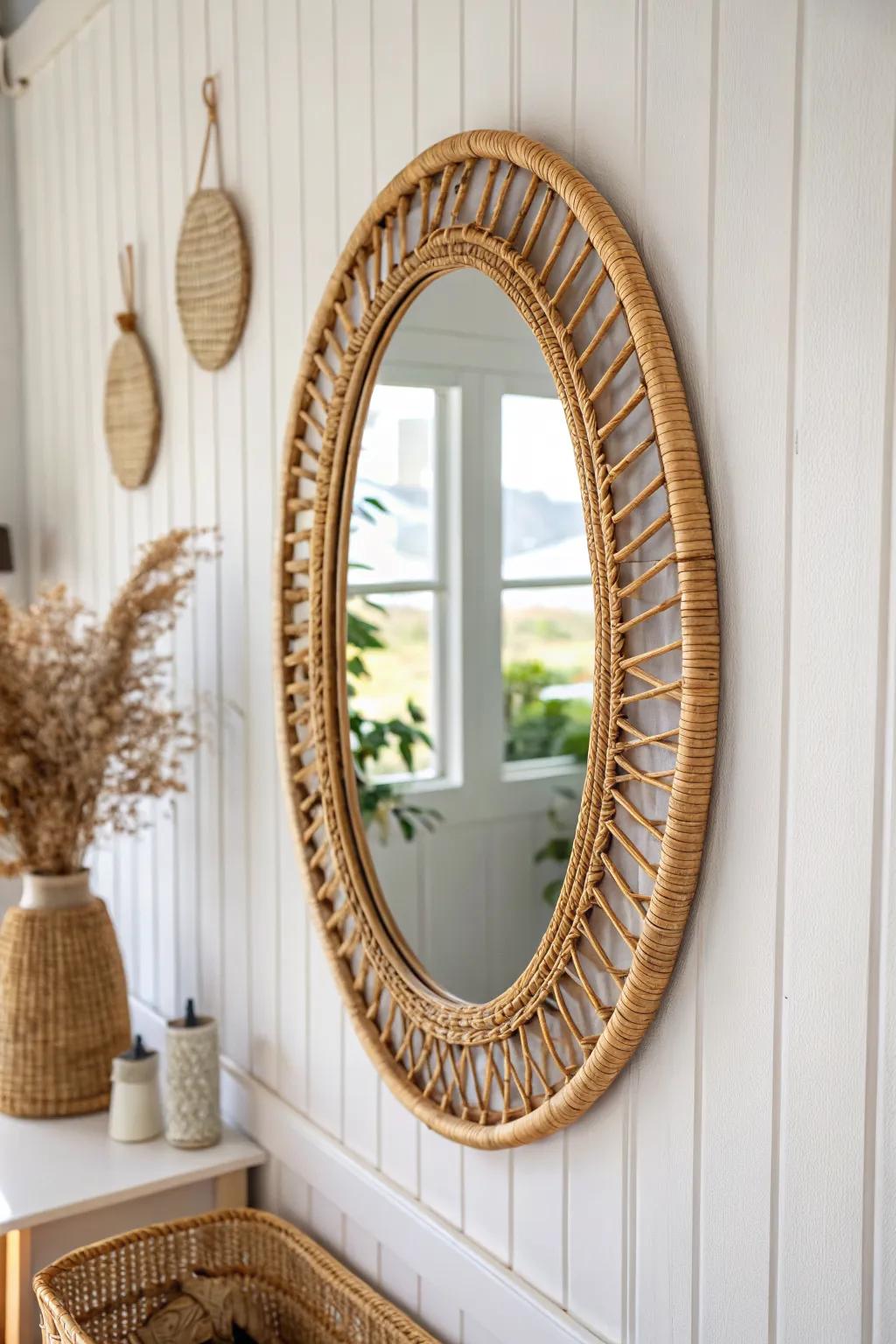 Warm woven wicker mirror above crisp shiplap—minimal, cozy texture and natural craftsmanship.