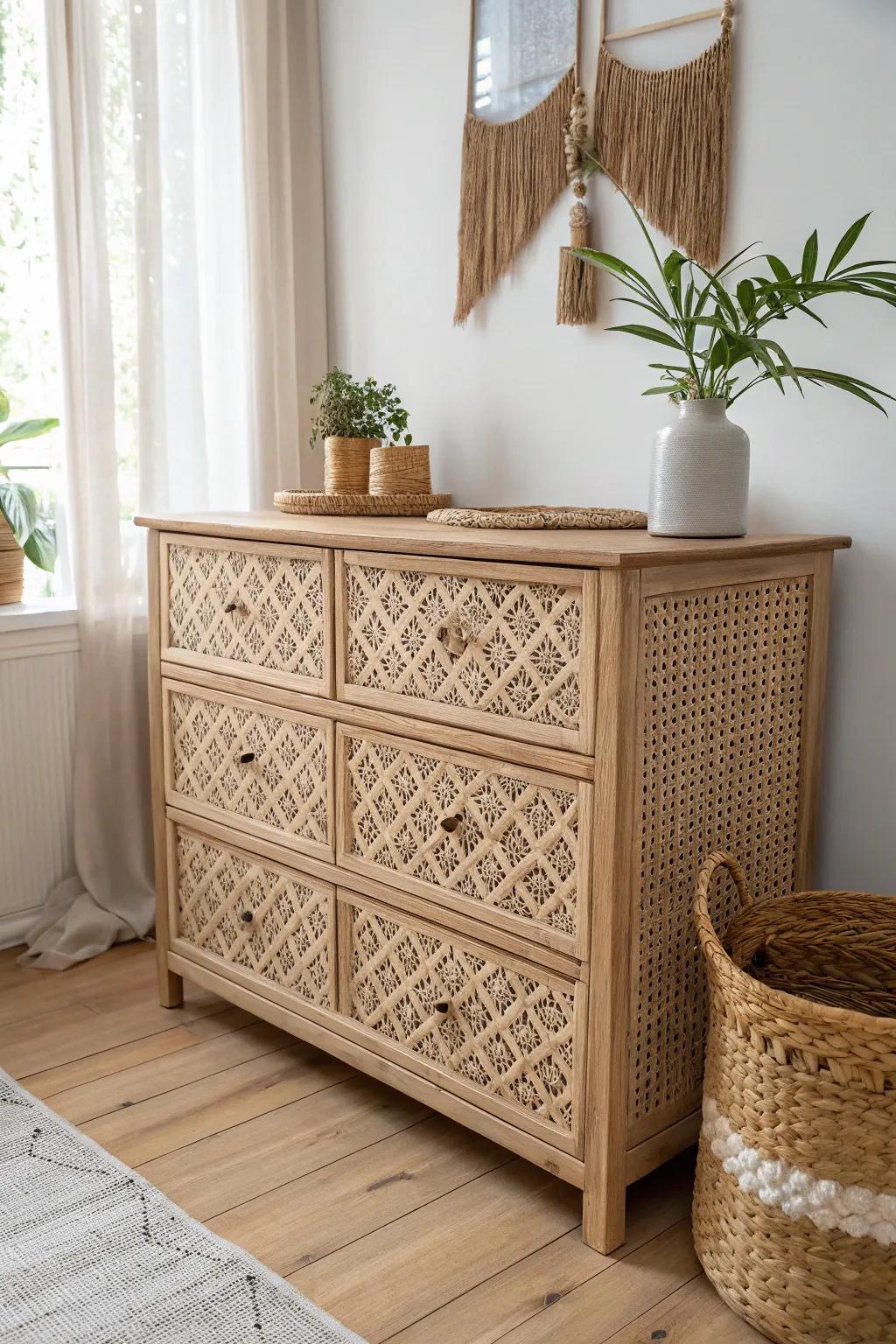 Transform your space with a touch of Moroccan elegance on a wicker dresser—where simplicity meets artistry.