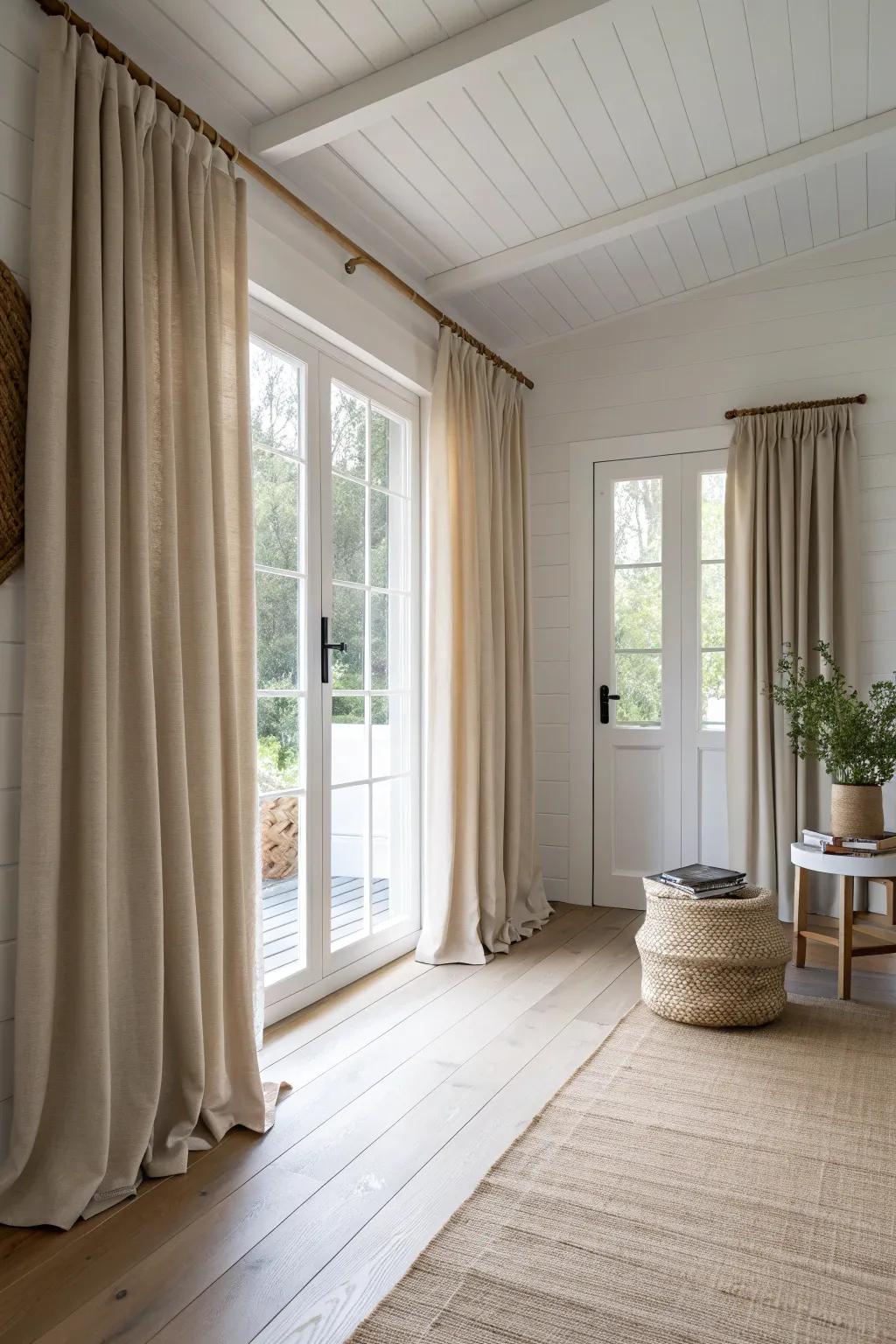 Full-height linen drapery on a ceiling track—soft, flexible privacy for a wide doorway.