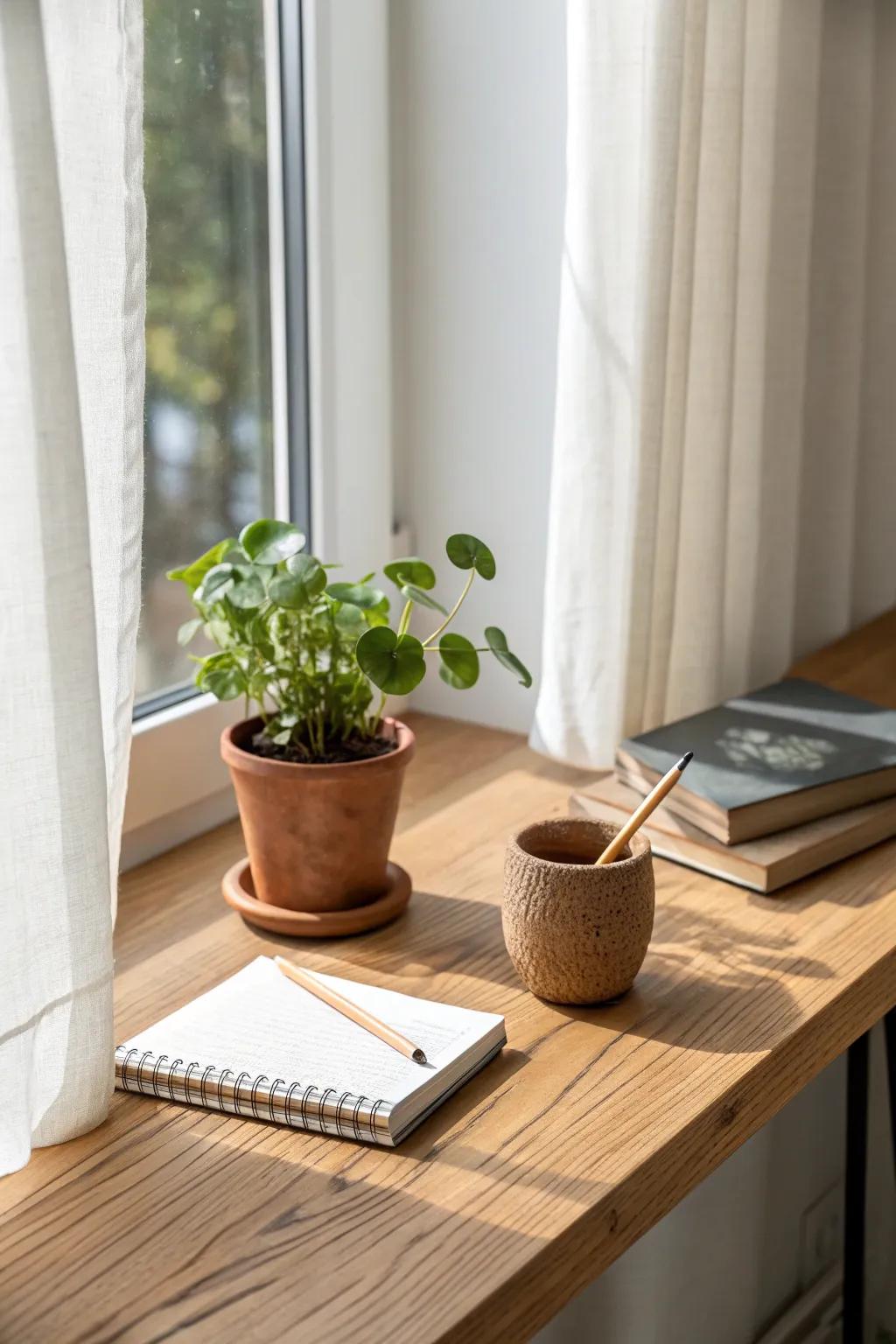 A clear oak window sill turns into a tiny writing nook—pad, pencil, plant, and a view.