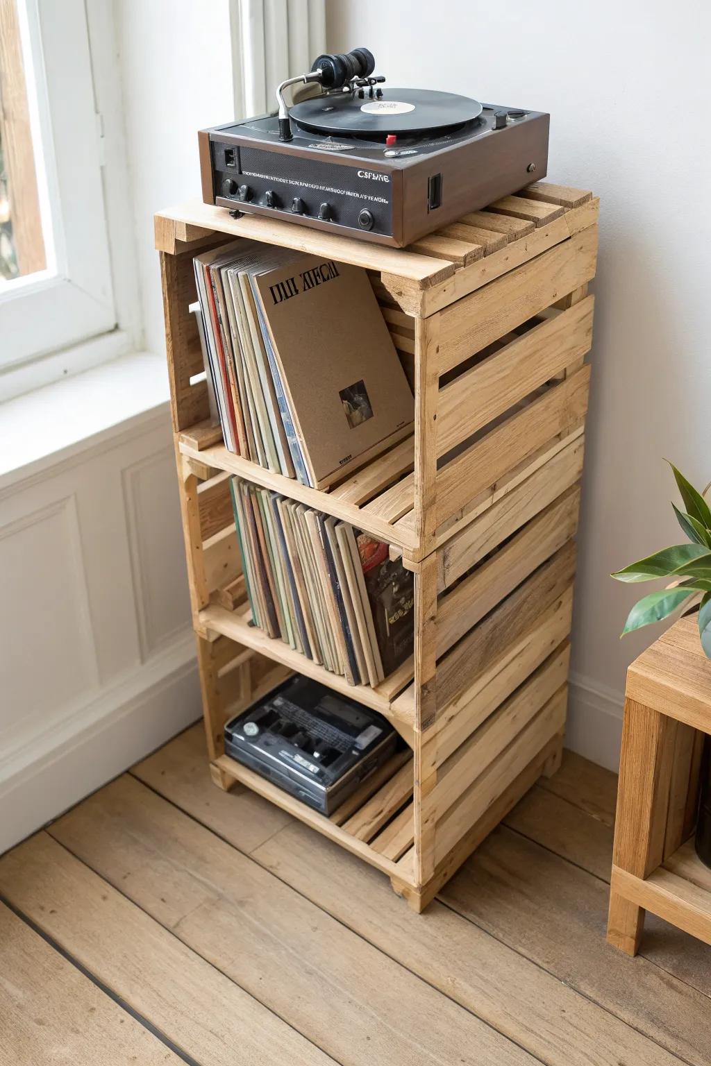 Stacked wine-box stand turns vinyl storage into a chic, space-saving record player nook.